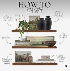 a shelf with books and vases on it, labeled how to shelf stuff for the home