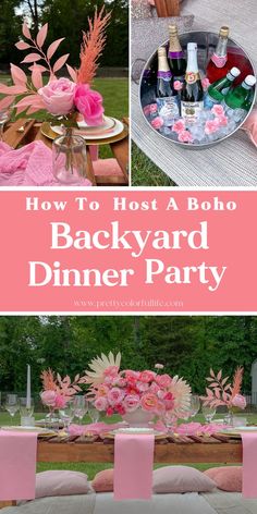 a backyard dinner party with pink flowers and bottles on the table, plates and napkins