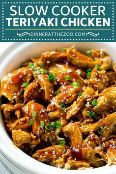 slow cooker teriyaki chicken in a white bowl