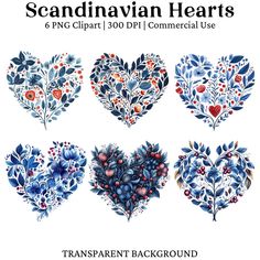 four hearts with flowers and berries on them are shown in blue, red and white