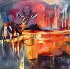 an abstract painting of a deer standing in front of a body of water and trees