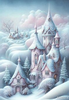 a painting of a castle in the snow