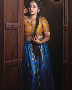 a painting of a woman standing in front of a door with her hand on her head