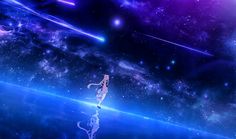 a woman standing on top of a blue and purple space filled with stars, in front of