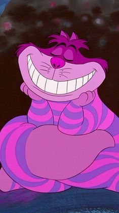 an animated pink and purple cat sitting on the ground with its mouth open, smiling