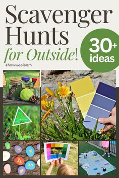 the cover of scavenger hunts for outside 30 ideas, with pictures of flowers and other things