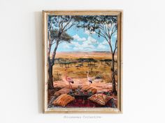 an oil painting of two flamingos in the savannah