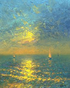 a painting of sailboats in the ocean at sunset