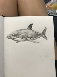 a pencil drawing of a shark on a piece of paper next to a woman's legs