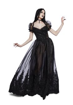 where for out thou lover. This maxi dress has a sheer lace construction, ruffled puff sleeves, floral appliques, and a lace trim. Goth Dress Long, Widow Clothing, Persephone Outfit, Sheer Black Maxi Dress, Fitted Floor-length Gothic Dress, Fitted Gothic Maxi Dress, Gothic Lace Overbust Dress, Witchy Dresses, Goth Gown