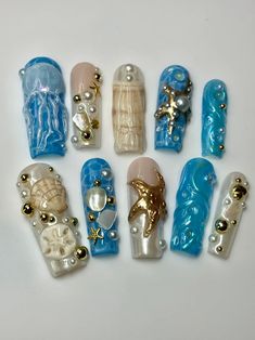 KITTYCATKLAWZ on etsy Sirencore Nails, Seashell Nails Acrylic, Blue Shell Nails, Square Beach Nails, Nails Acrylic Summer 2024, Sculpting Gel Nails, Ocean Themed Nails, Jellyfish Nails, Beach Nails Art