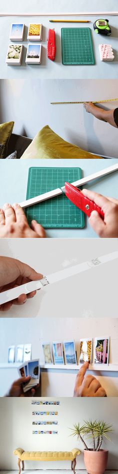 four different pictures showing how to use scissors and cutting paper on the shelf above them