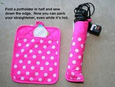 a pink and white polka dot covered case next to a black corded phone charger