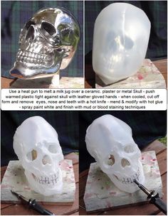 there are three different views of a skull with a knife in it's mouth