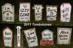 several tombstones with names and numbers on them in different styles, sizes and colors