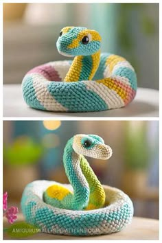 there is a knitted snake sitting on top of a table and in the middle of two pictures