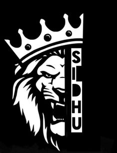 a black and white logo with a lion wearing a crown on it's head