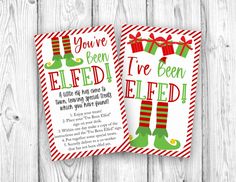 two elf themed christmas cards with the words you've been elfed