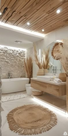 a large bathroom with two sinks and a bathtub