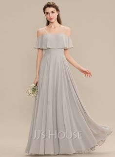 a - line / princess off - the - shoulder floor - length chiffon bridesmaid dress with ruffle