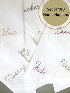 six embroidered napkins with names on them and the words name napkins written in different colors