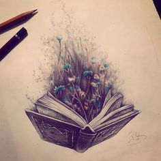 a drawing of an open book with flowers coming out of it