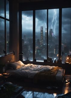 a bedroom with a large window and a view of the city lights in the distance