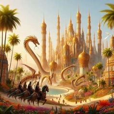 an image of a fantasy scene with horses and dragon in front of a castle surrounded by palm trees