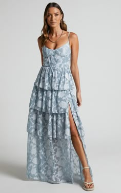 Janezkie Midi Dress - Femme Tiered Formal Dress in Light Blue | Showpo USA Wychmere Wedding, Tiered Formal Dress, Light Blue Dress Formal, Light Blue Formal Dress, Light Blue Midi Dress, Blue Wedding Guest Dresses, Patterned Bridesmaid Dresses, Light Blue Bridesmaid, Floral Bridesmaid Dresses