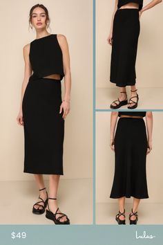 An effortless look like the Lulus Pleasant Poise Black High-Rise A-Line Midi Skirt is a wardrobe must-have! Lightweight linen-like fabric shapes these cute skirt that has a high, elasticized waist (with subtle scalloped trim) and a chic, A-line silhouette. Graceful midi hem completes the look. Pair with the matching top for a complete look! Fit: This garment fits true to size. Length: Mid-calf length. Size medium measures 34.50" from waist to hem. Waist: Loosely Fitted. Hip: Loosely Fitted. Fabr Versatile Midi Length Skirt For Day Out, Flattering Midi Skirt For Summer, Summer Viscose Skirt For Day Out, Chic Relaxed Maxi Skirt For Brunch, Black Relaxed Fit Viscose Skirt, Elegant Black Skirt For Brunch, Versatile Summer Midi Skirt, Chic Rayon Skirt For Brunch, Black Midi Skirt For Brunch