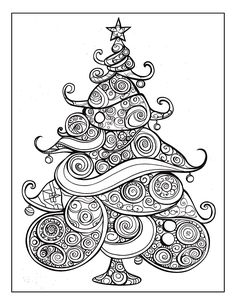 a christmas tree with swirly ornaments and stars on it, in black and white