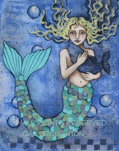 a painting of a mermaid holding a fish in her arms with the caption under it