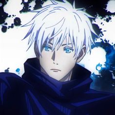 an anime character with white hair and blue eyes, wearing a black hoodie looking at the camera