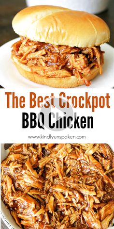 the best crockpot bbq chicken recipe on a white plate with pulled pork