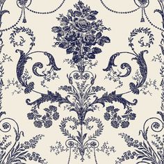 an ornate blue and white wallpaper design