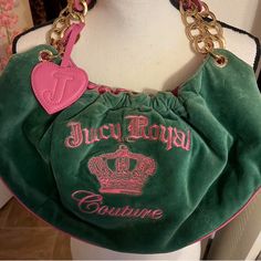 Pink And Green Vintage Velour Juicy Bag! Flawless Exterior And A Few Minor Imperfection On The Inside. I’ve Bought This Bag On Another App And Used It Previous Owners Picture, If Needed I Will Take My Own As Well. It’s Not Been Used Since Bought. It’s Really Beautiful In Person. Hate To Part With It But I Know It Will Go To A Good Home Just Tryna Get How Much I Paid For 2000s Purse, Juicy Couture Y2k, Luxury Purses, Couture Bags, Juicy Couture Bags, Pretty Bags, Mode Inspo, Cute Bags, 2000s Fashion