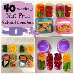 four different lunch boxes filled with fruits and vegetables