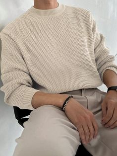 Apricot Casual Collar Long Sleeve Knitwear Plain Pullovers Embellished High Stretch  Men Clothing Mens Classy Streetwear, Loner Guy Aesthetic, Male Clothing Asthetics, Cottagecore Style Men, Plain Outfits Men, Tall Fashion Men, Man Sweater Outfits, Soft Autumn Outfits Men, Church Clothes Men