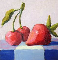 a painting of three cherries on a blue and white table