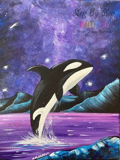 an orca jumping out of the water with mountains in the background and stars above