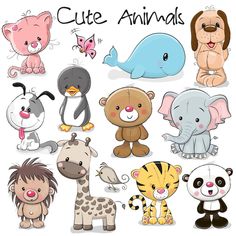 a bunch of animals that are grouped together with the words cute animals written below them