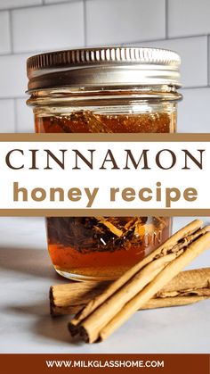 cinnamon honey recipe in a jar with cinnamon sticks