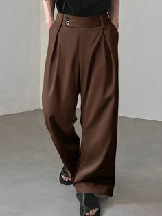 Loose Fit Men's Solid Color Pleated Wide-Leg Trousers Coffee Brown    Fabric  Wide Leg Non-Stretch  Men Clothing, size features are:Bust: ,Length: ,Sleeve Length: Wide Trousers Outfit Men, Shein Outfits Men, Pleated Trousers Men, Baggy Dress Pants, Brown Trousers Outfit, Tan Clothes, Mens Wide Leg Pants, Baggy Dresses, Trousers Men