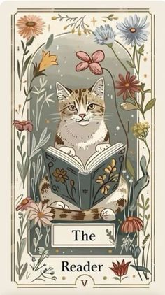 a cat sitting on top of a book in front of flowers and butterflies, reading the reader