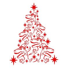 a christmas tree made up of dinosaurs and stars in red on a white background stock illustration