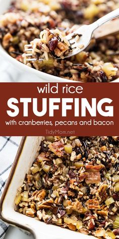 wild rice stuffing with cranberries, pecans and bacon in a casserole dish