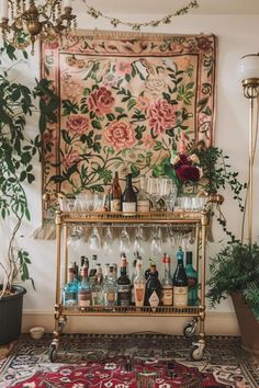 Bohemian Bar Carts: Entertain in Style Witchy Bar Cart, Witchy Bar, Bohemian Bar, Bar Cart Design, Vintage Bar Cart, Cart Design, Vintage Bar Carts, Pink Passion