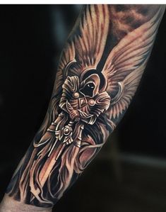 Coverup Tattoo Design For Man Arm, Gods Tattoo For Men, Mens Zeus Tattoo, Destined For Greatness Tattoo, Archangel Michael Tattoo For Men, Knight With Wings Tattoo, Arch Angel Tattoo, Archangel Tattoo Design, Warrior Angel Tattoo Men