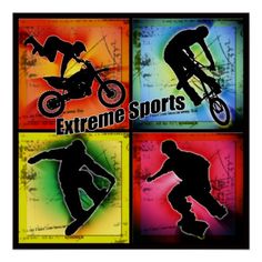 an extreme sports poster with four different silhouettes