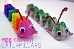 an egg carton caterpillars with googly eyes